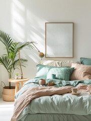A bedroom in mint colors with a poster on the wall. Poster mockup.