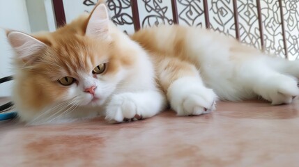 Cat calmly lying on veterinary examination table, trusting environment for health check. Animal care and trust in medical professionals.