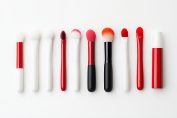 Sleek Lipstick and Brush Arrangement on White Background