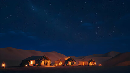 A serene desert campsite under a starry night sky, featuring illuminated tents. AI Image