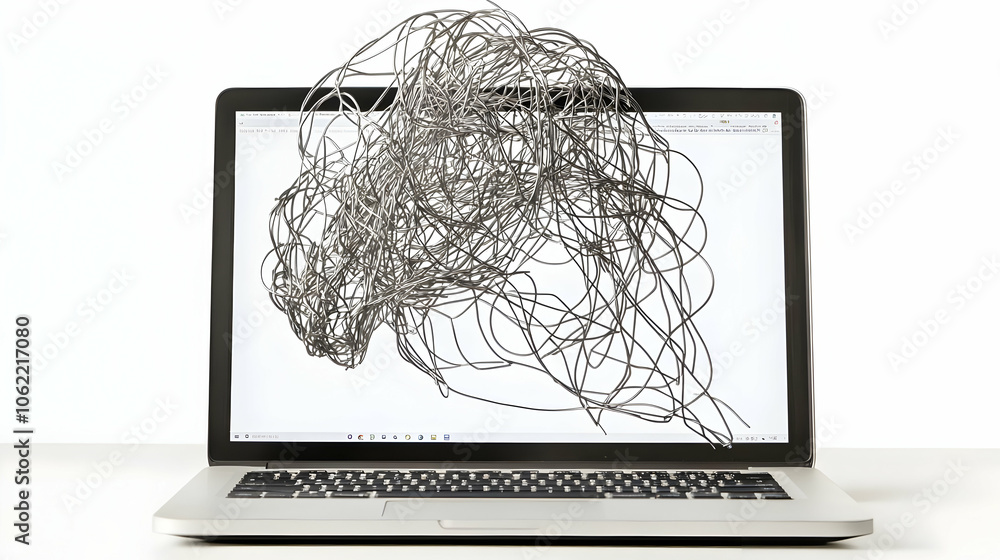 Poster a laptop with tangled wires emerging, symbolizing complexity in technology. ai image