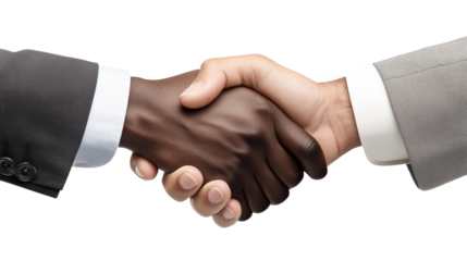 Close-up of handshake between two men of different skin tones wearing business suits isolated on transparent background. Corporate partnership, cooperation, and business agreement concept.