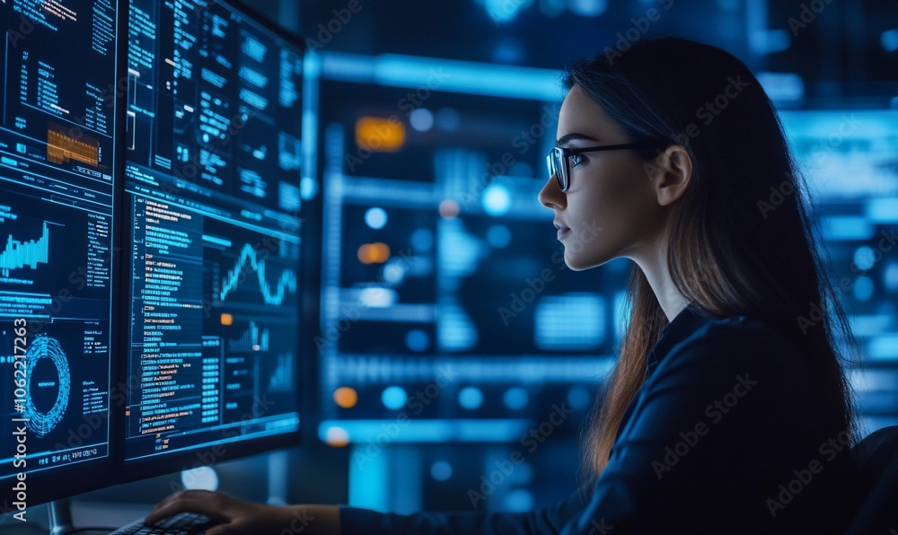 Poster a woman in glasses looks intently at a computer screen filled with code and data, her face illuminat