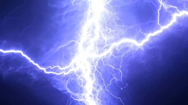 A blue sky with a lightning bolt in the middle. The lightning bolt is very large and is surrounded by smaller bolts. The sky is very dark and the lightning bolt is the only source of light