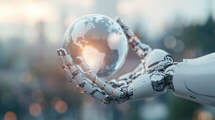 A futuristic robotic hand delicately holds a clear globe, representing Earth. The setting features a dreamy backdrop with warm hues, evoking a sense of harmony and technological progress.
