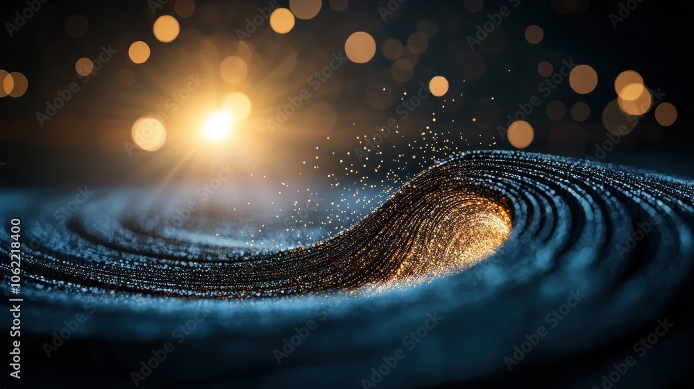 Poster an abstract representation of wave particle duality, with light waves transforming into particles an