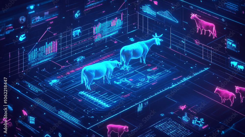 Poster a digital barn with floating livestock icons, surrounded by health metrics and real-time adaptation 