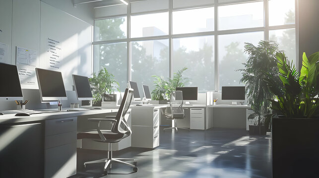 Bright, modern office space with plants and computers, promoting productivity and comfort. AI Image