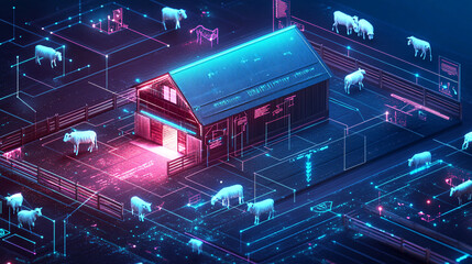 A digital barn with floating livestock icons, surrounded by health metrics and real-time adaptation tools to optimize efficiency in animal husbandry. 