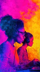 Two Focused Individuals Engaging in Digital Activities with Headphones Amidst Vibrant Backgrounds for Enhanced Concentration