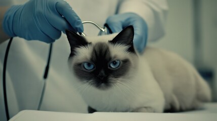 Cat calmly lying on veterinary examination table, trusting environment for health check. Animal care and trust in medical professionals.