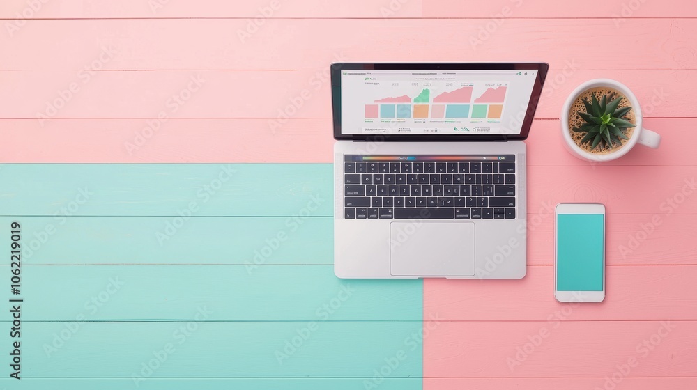 Poster a sleek laptop displaying a website analytics dashboard with colorful graphs and charts, surrounded 