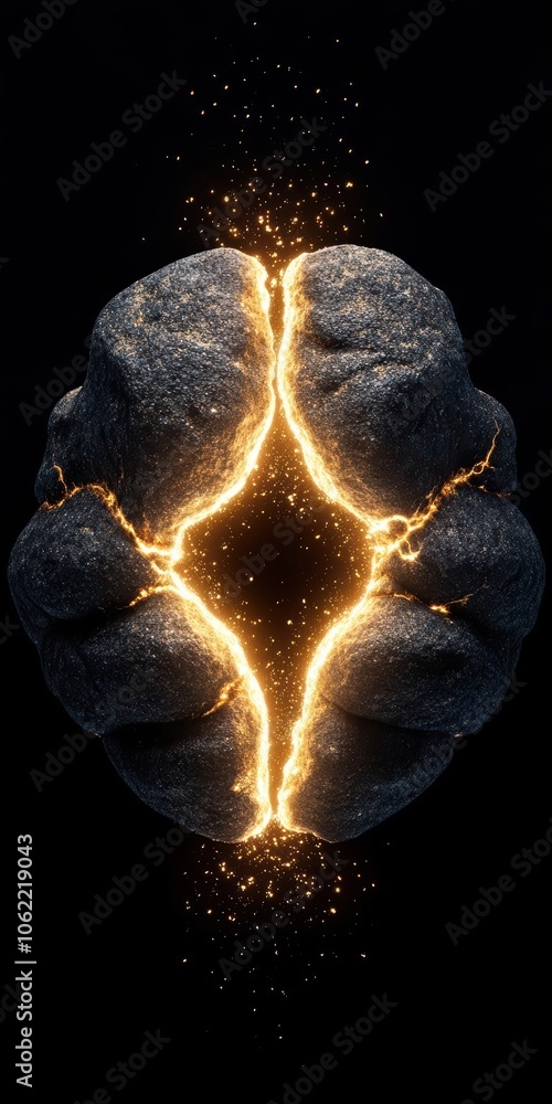 Poster conceptual visualization of an energy core, featuring a stone-like sphere with glowing cracks and sp