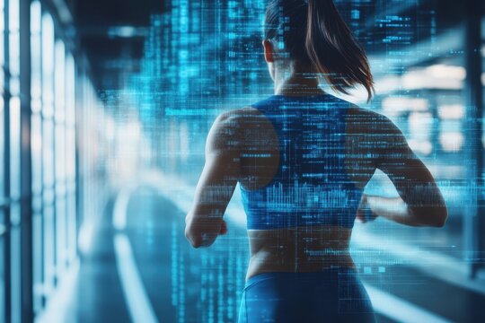 Woman running on a treadmill with digital data overlay in a modern gym in the morning - Powered by Adobe