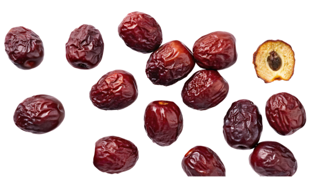 Heap of whole dried Chinese red dates and a halved isolate on white  background.AI GENERATED