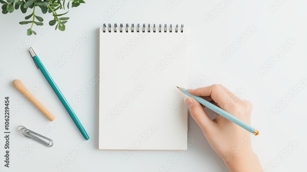 Poster a hand sketching a logo concept in a notebook, surrounded by design tools and brainstorming ideas fo