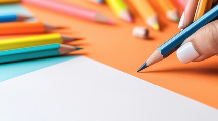 Naklejka premium A close up shot of a hand drawing a sketch for a print advertisement, with colorful pencils and design tools scattered around the workspace.