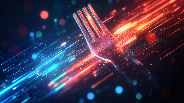 A digital fork and knife icon with holographic lines, symbolizing the fusion of technology and food service for increased agility and real-time adaptation to market trends. 