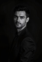 Fototapeta premium Dramatic Portrait in Monochrome Against Dark Background