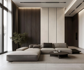 Aesthetic elegant minimalist modern interior design. Clear mock up empty wall for decoration in the apartment. Copy space in the room. Neutral palette of natural colors.