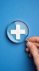 Exploring medical symbols through a magnifying glass against a vibrant blue backdrop for healthcare awareness and promotion