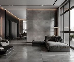 Aesthetic elegant minimalist modern interior design. Clear mock up empty wall for decoration in the apartment. Copy space in the room. Neutral palette of natural colors.