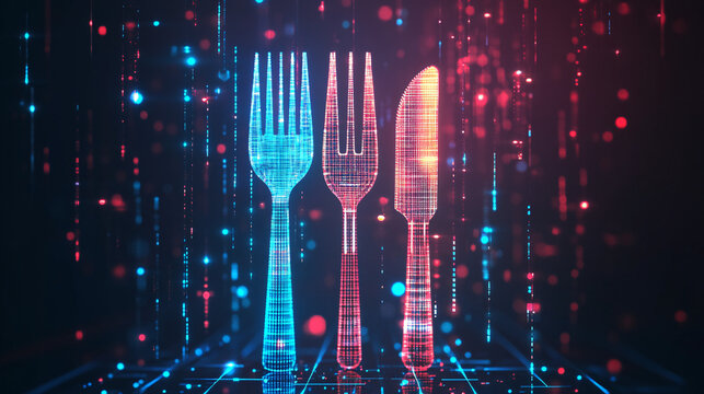 A digital fork and knife icon with holographic lines, symbolizing the fusion of technology and food service for increased agility and real-time adaptation to market trends. 