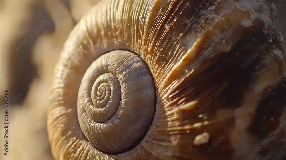 Poster a close-up of a snail shell's spiraling pattern and texture