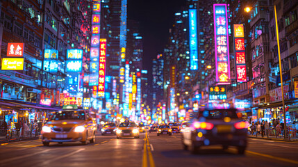 Fototapeta premium Vibrant City Streets of Hong Kong Illuminated by Neon Lights and Bustling With Activity During a Lively Nighttime Atmosphere