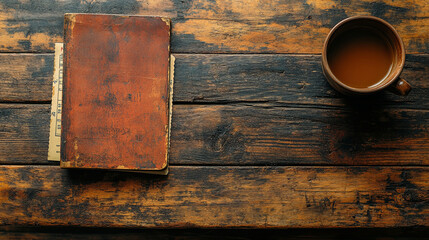 A Cozy Workspace With a Vintage Book and a Warm Cup of Coffee on a Rustic Wooden Table