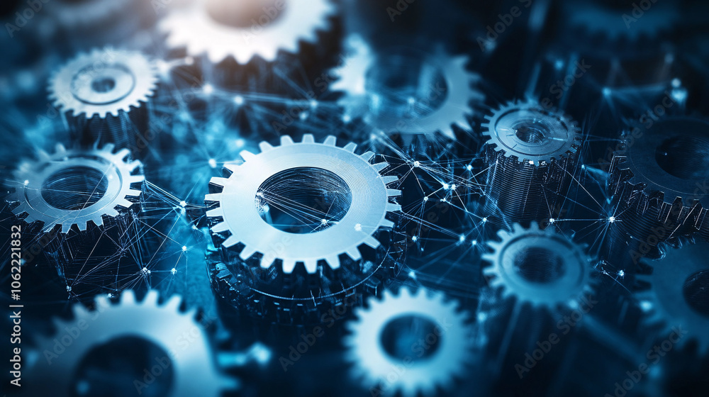 Poster a digital network of interconnected gears, each rotating independently, symbolizing different depart