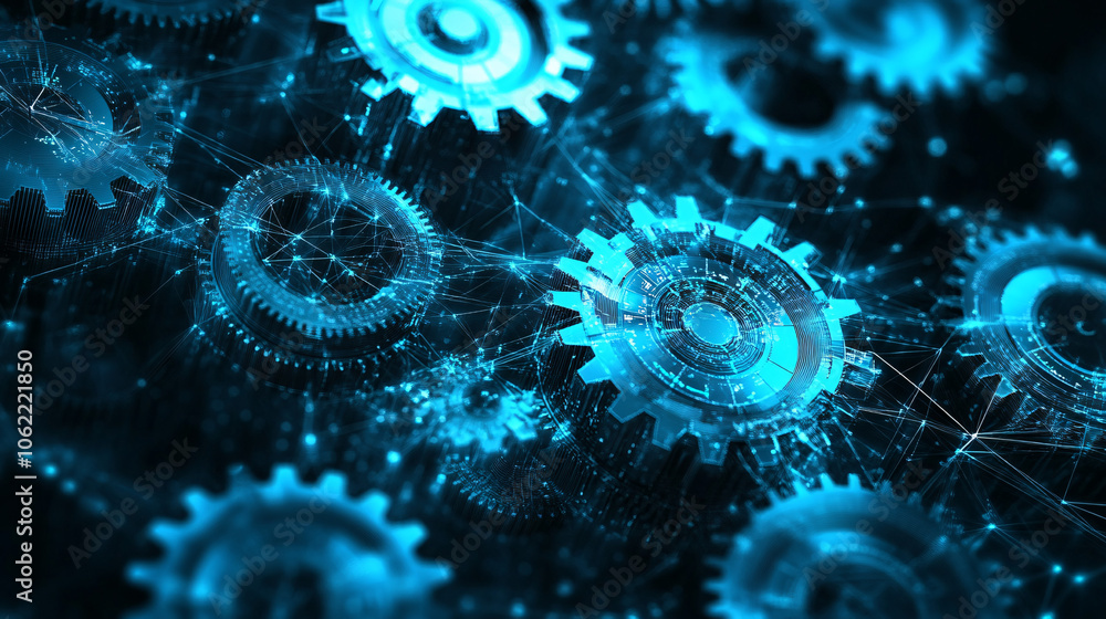 Poster a digital network of interconnected gears, each rotating independently, symbolizing different depart