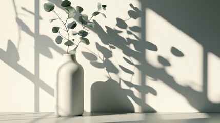 A beautifully simple vase filled with fresh eucalyptus elegantly casts delicate shadows on a neutral wall, perfectly embodying the essence of minimalist aesthetics in this serene and tranquil scene