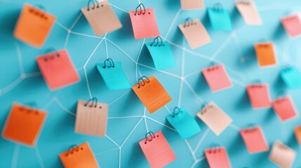 A large whiteboard filled with colorful sticky notes, interconnected with lines and arrows, representing a detailed project roadmap with tasks, deadlines, and dependencies clearly visualized.