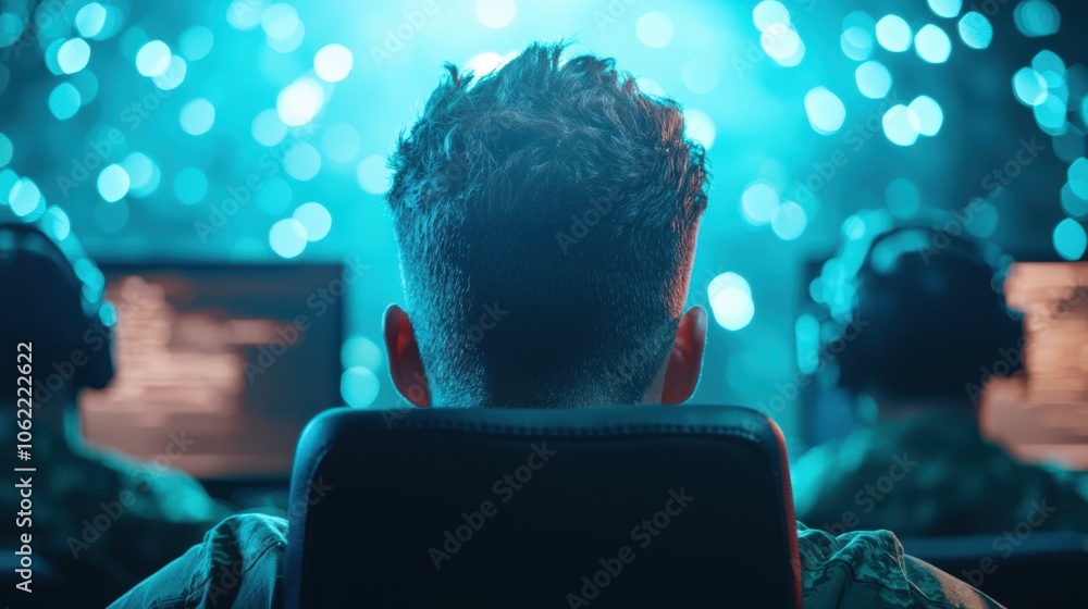 Poster a team of professionals gathered in a dimly lit room, their faces illuminated by the glow of a compu