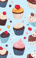 Cupcake Pattern on Blue Background	