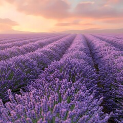 A breathtaking lavender field with endless rows of vibrant purple blossoms under a soft sunset sky, creating a serene and tranquil atmosphere.