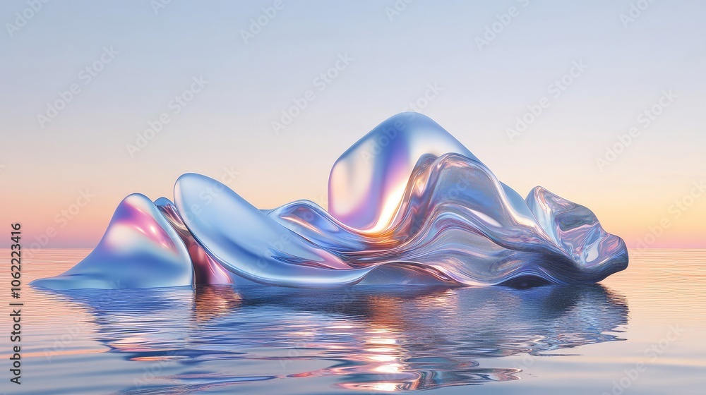 Poster 3d rendering of a wavy metallic iridescent shape reflecting over water designed as a modern unique w