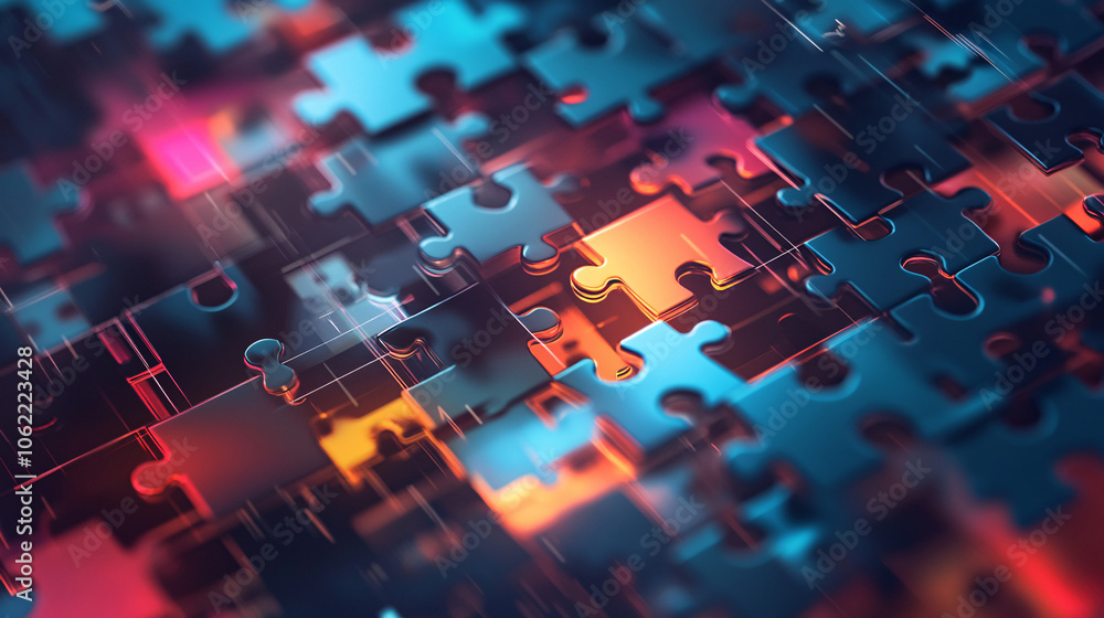 Poster a digital puzzle with pieces being reshuffled in real-time, representing a company's ability to reco