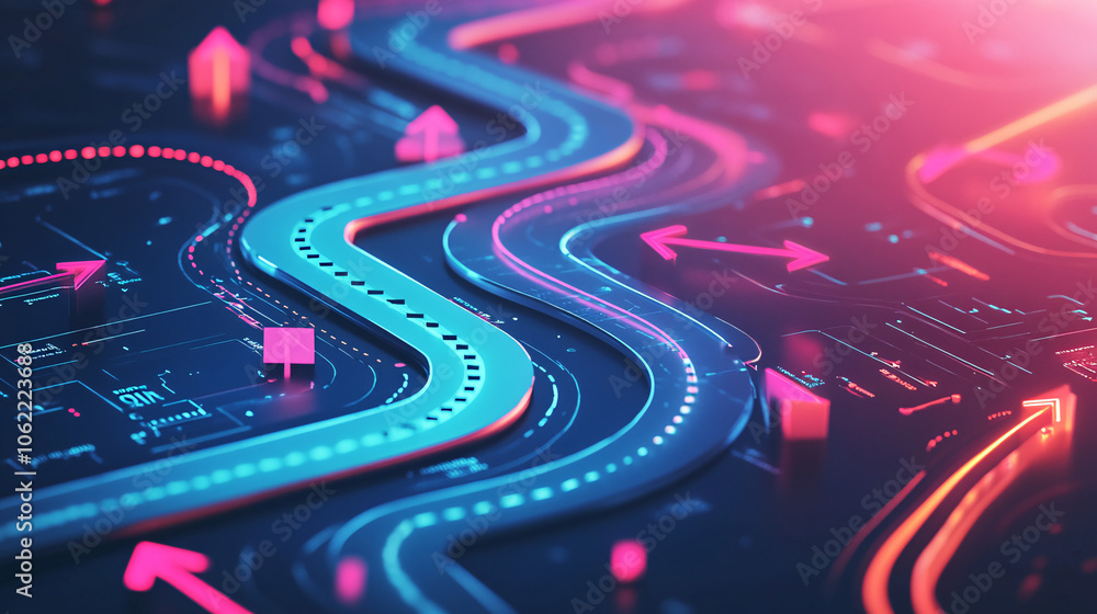 Poster a digital road map with multiple arrows and diverging paths, symbolizing a business's flexibility an