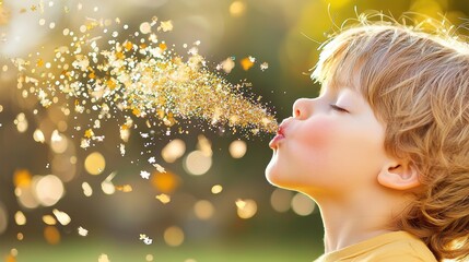 Fototapeta premium A child blowing on a handful of glitter, sending a cloud of shimmering particles into the air, capturing the joy and wonder of childhood.