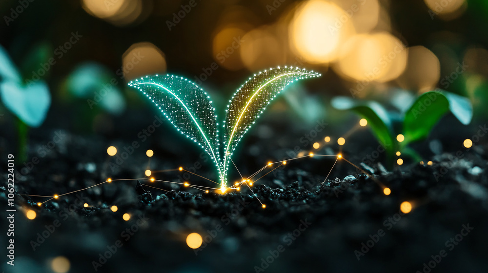 Poster a digital seed icon glowing with data streams, representing the agility in selecting and planting hi