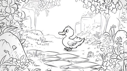 A Cute Duckling Walking on a Stone Path in a Forest. Coloring book illustration.