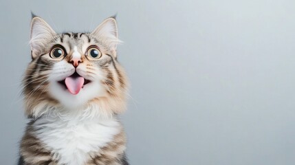 Fototapeta premium A fluffy cat joyfully sticks out its tongue on a soft gray backdrop, showcasing its playful nature in a bright studio setting