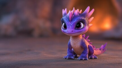 Obraz premium Dragon, mystical magical creature from fairy tales, magic, purple purple color, spikes and dragon skin. Cute cartoon character