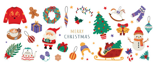 Naklejka premium Christmas decorative banner. Winter 2025 holiday decorations. Perfect for seasonal projects, greeting cards, and festive decor. Colorful vector illustration, banner on a white background.