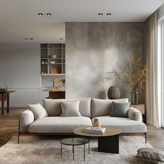 Aesthetic elegant minimalist modern interior design. Clear mock up empty wall for decoration in the apartment. Copy space in the room. Neutral palette of natural colors.