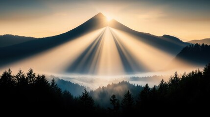 Sunbeams radiate outwards from behind a mountain peak, casting long, golden rays across a valley bathed in morning mist.