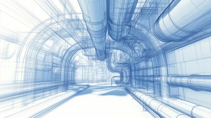Architectural drawing of an advanced air circulation system, rendered in a digital 3D blueprint