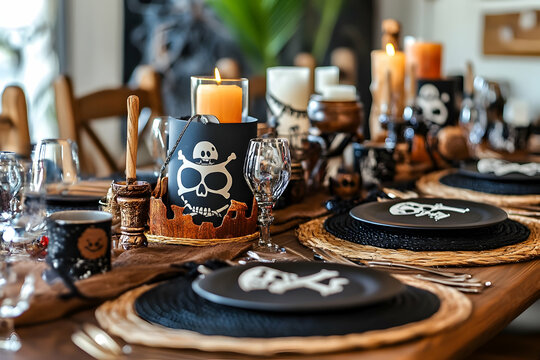 A festive pirate-themed dinner party set with decor and candles in a cozy dining room